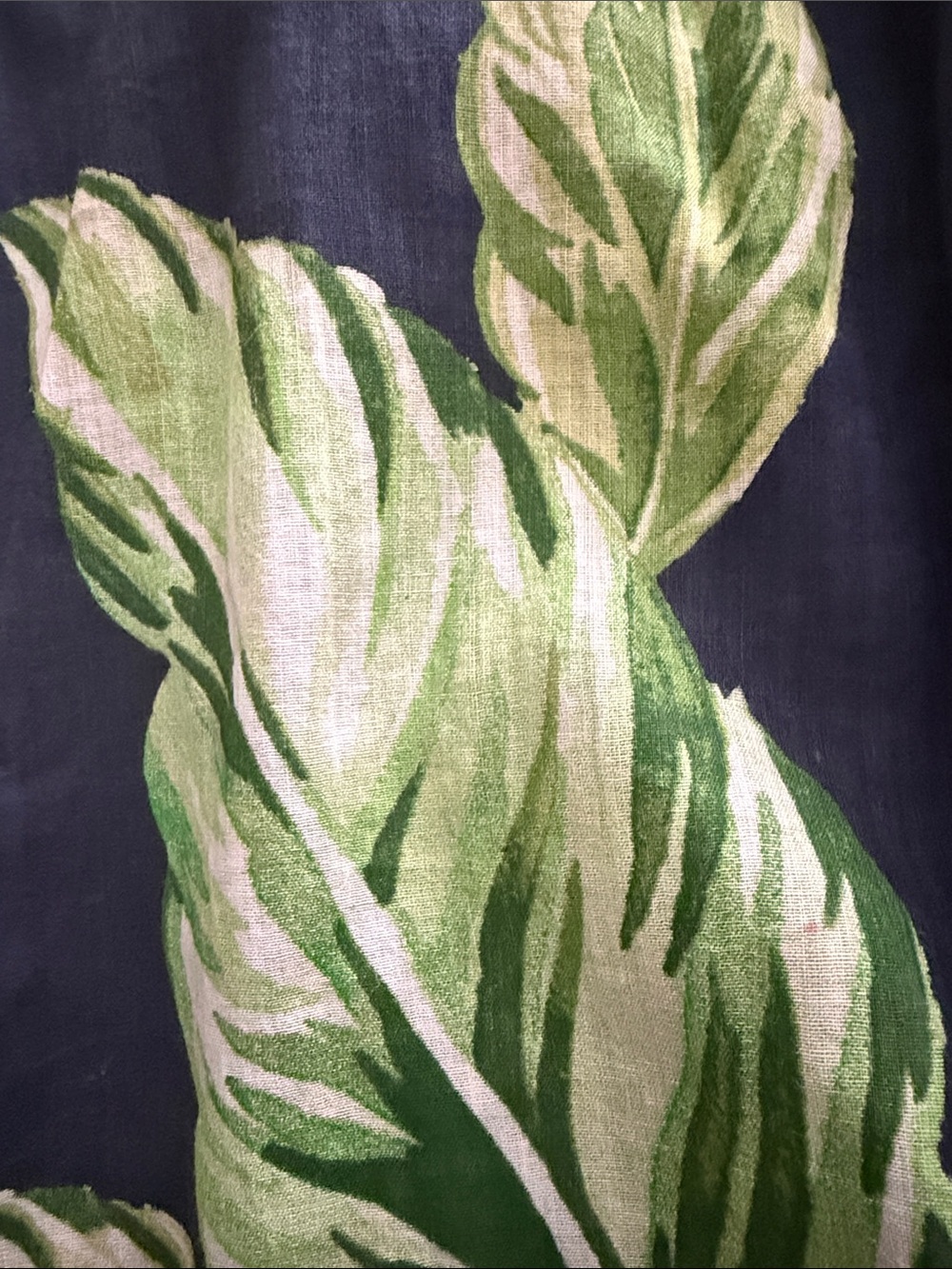 Ann Taylor Navy Midi Dress with Green Leaf Print, Linen with navy lining - Picture 3 of 3